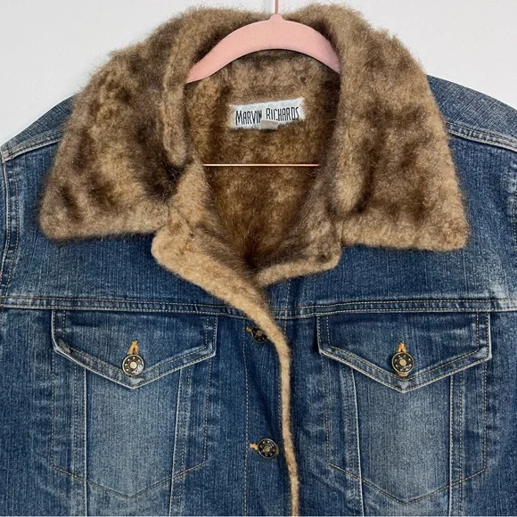 Marvin Richards Fur Lined Trucker Denim Jacket Size Large Vintage Y2K Country - Picture 2 of 16